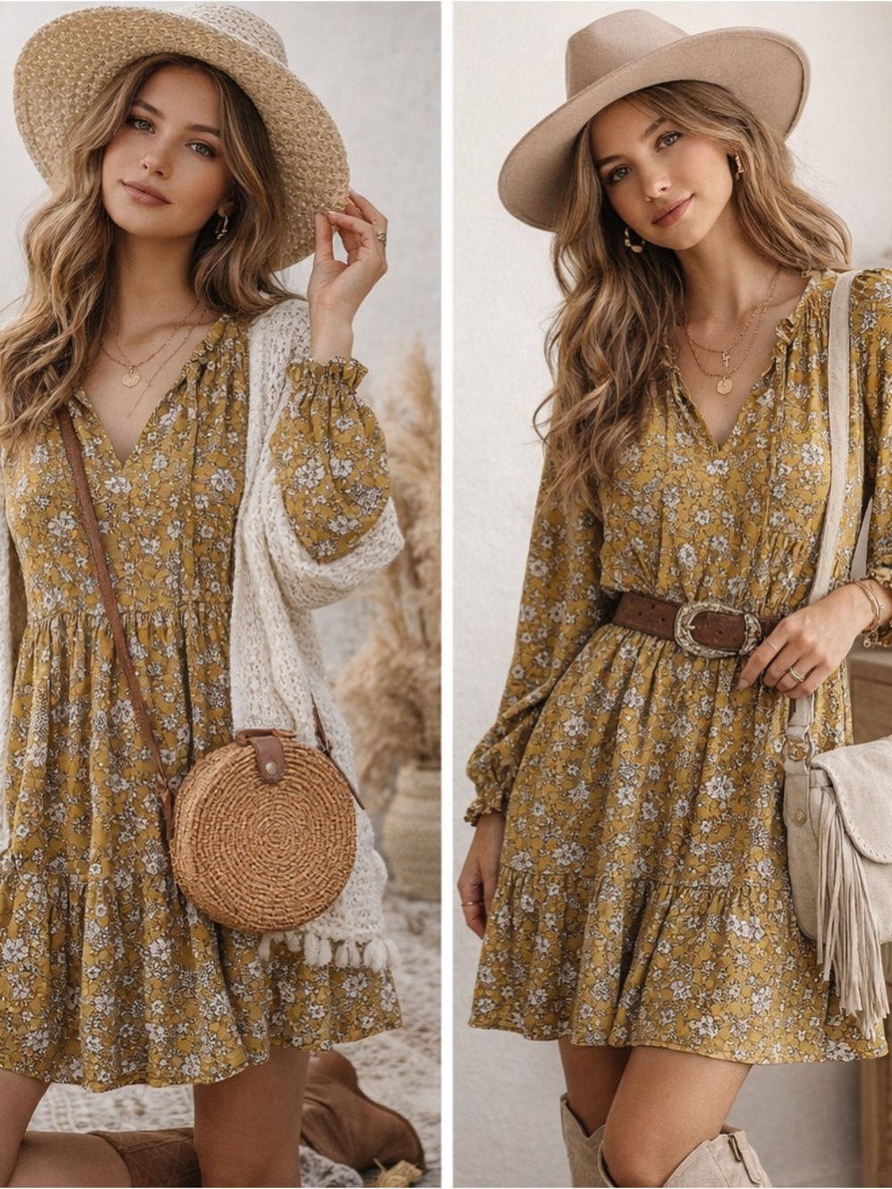 Wishlist Mustard Floral V-Neck Tiered Mini Dress